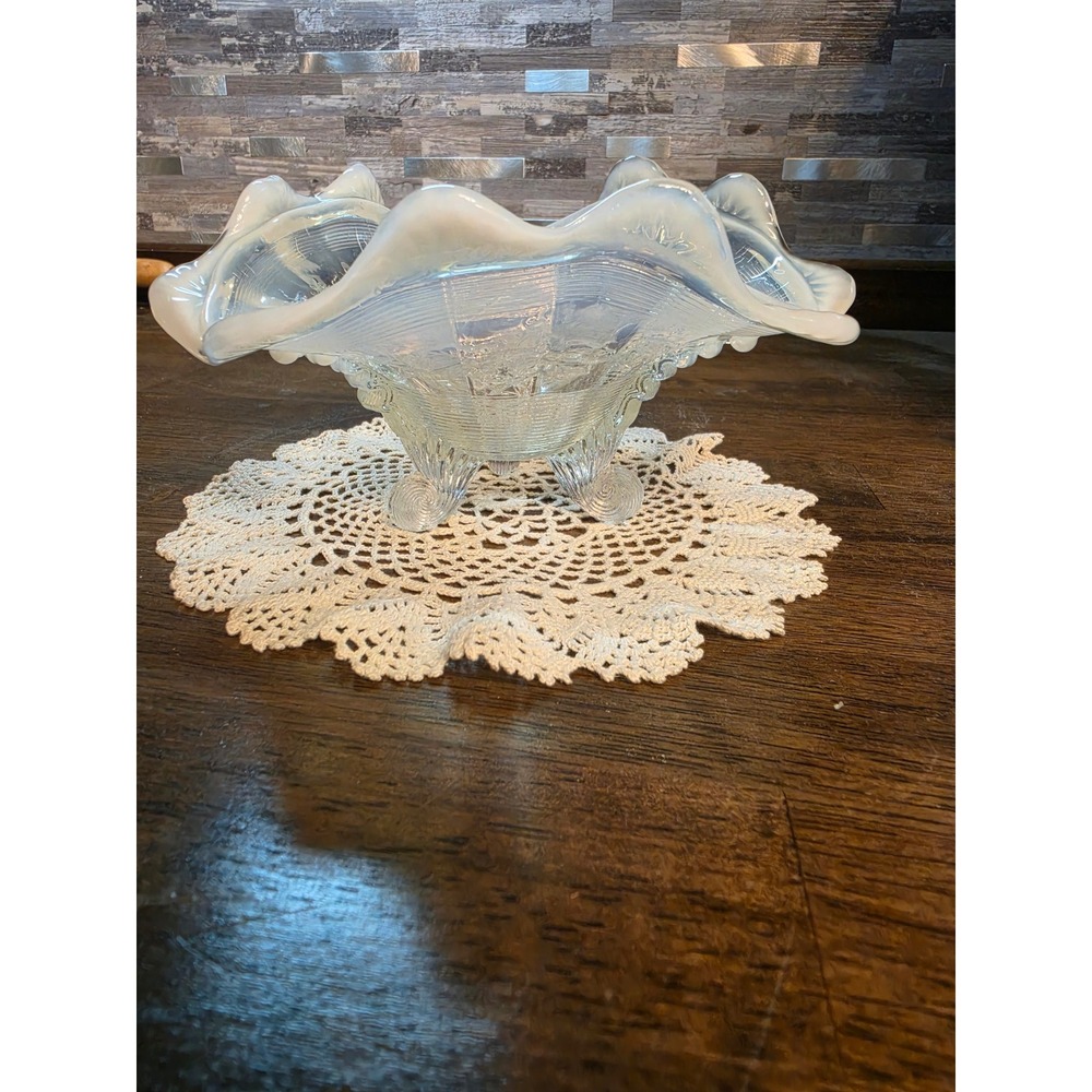 Northwood Holly Clear Opalescent Uranium Ruffled Footed Bowl 8.5 Inch